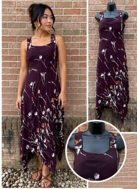 Y2K Indie 00s Cleo Handkerchief Hem Floral Sundress Sz 10 Plum Purple Boho Midi